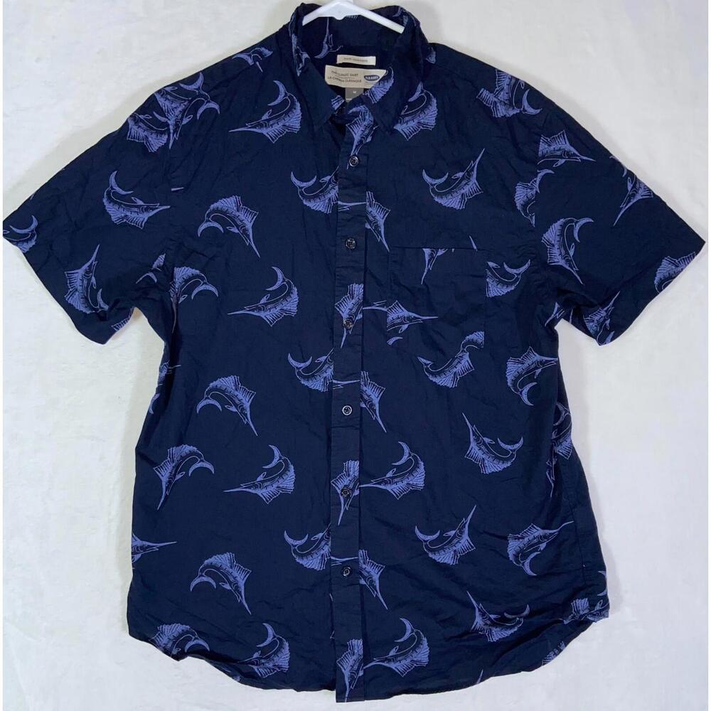 Old Navy Men's Everyday Short Sleeve Sword Fish Print Navy Shirt Size Medium